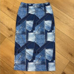 New SHEIN Printed Patchwork Dark Denim-look Straight Knit Skirt XL